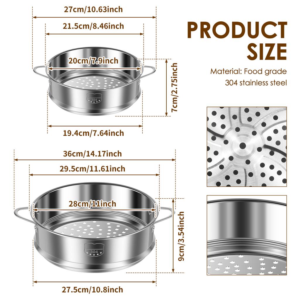 2Pcs Stainless Steel Steamer Insert 7.9/11 Inch Rustproof Food Steamer Basket with Handle Dishwasher Safe for Seafood Egg Fruit