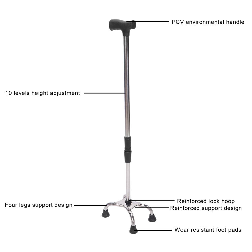 Adjustable Walking Cane with 4 Base Anti Slip Steel Tube Flexible Walking Stick Assistant for Senior Disabled