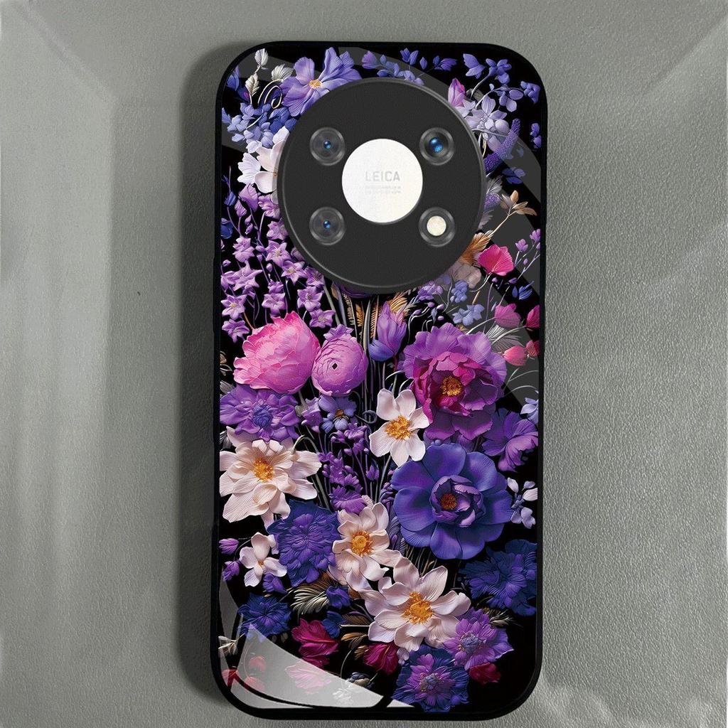 Shockproof Cover for HONOR X9 5G Vintage Oil Painting Purple Floral Phone Case, Glossy Acrylic Back TPU Bumper