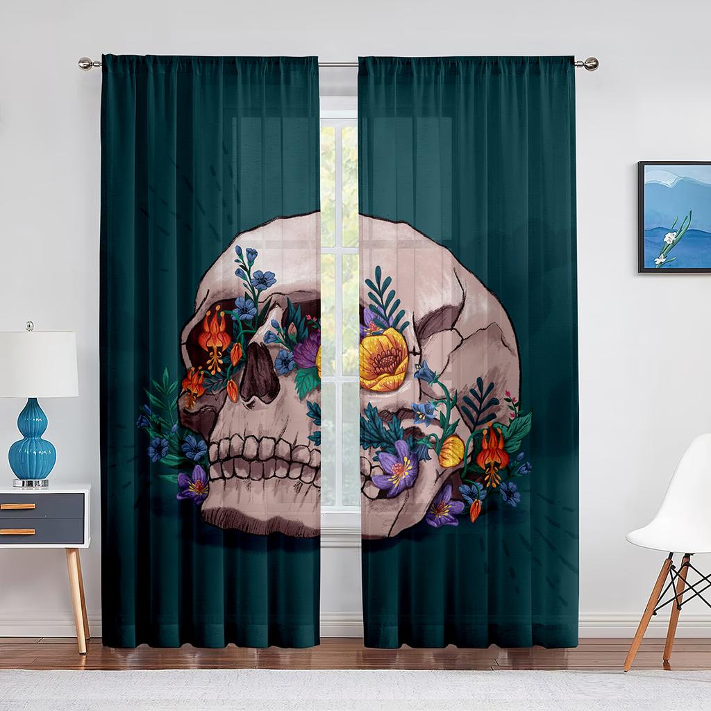Czaszka Kwiatowy Szkielet Kolorowe Kwiaty Przezroczysta Woalowa Zasłona do Salonu Sypialni Draperia Okienna Kuchenna Szyfonowa Tiulowa Zasłona