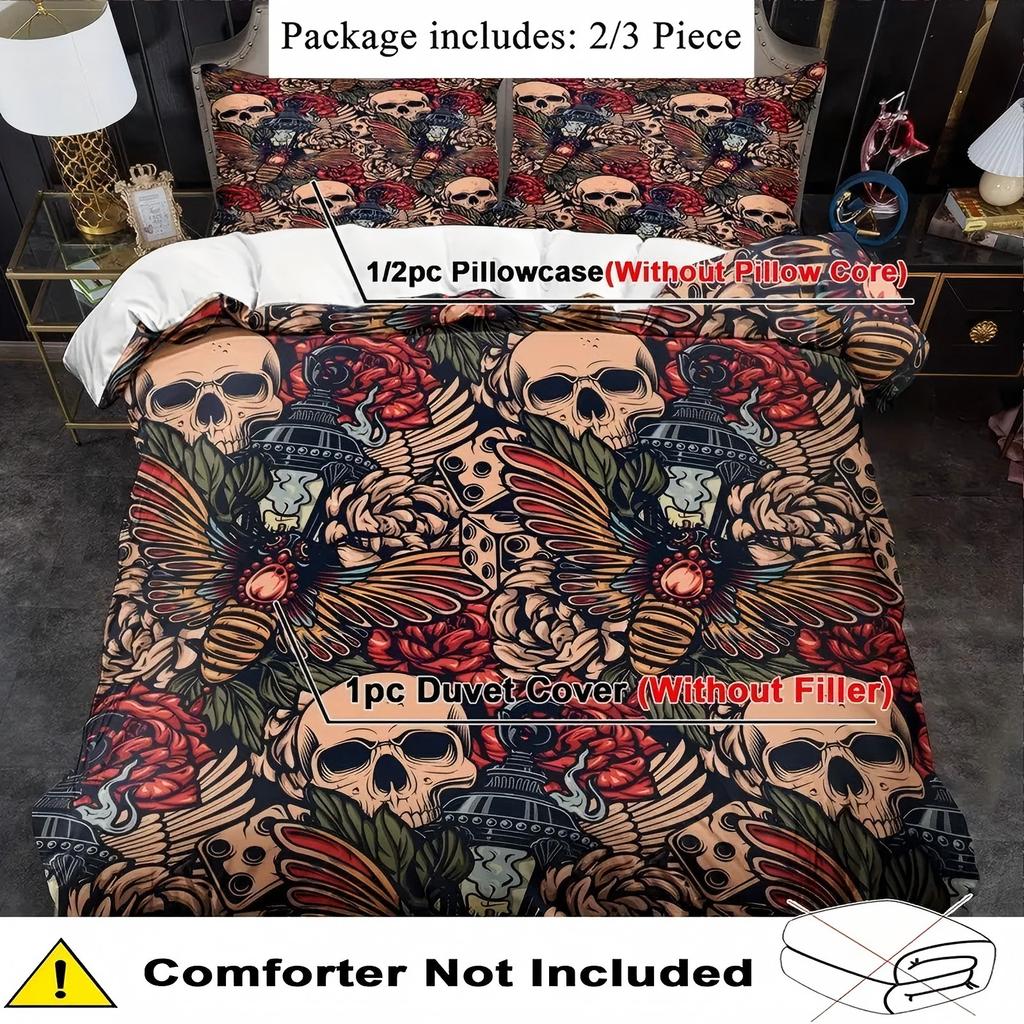 Skull Flower Pattern 3D Print Duvet Cover Halloween Gothic Style Bedding Set Pillowcase Polyester Soft Comfortable Quilt Cover
