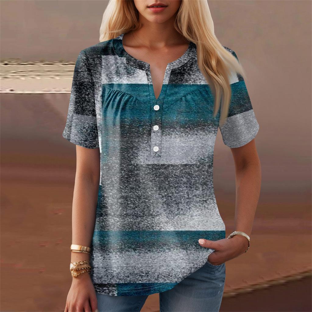Women's Casual Floral Print V-Neck Short Sleeve Decorative Button T-Shirt Top