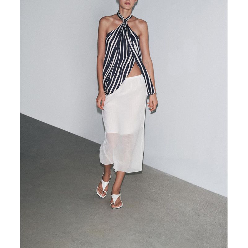 Spring and Summer New Women's Clothing White Viscose Blended Split Mid-Waist Translucent Midi Skirt Skirt 4437050