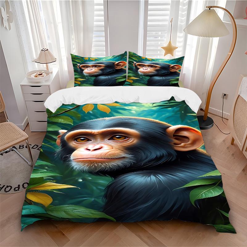 3pcs Chimpanzee, Jungle Bedding Set - 1 Duvet Cover + 2 Pillowcases(Core Not Included), Machine Washable Polyester Yy251216147