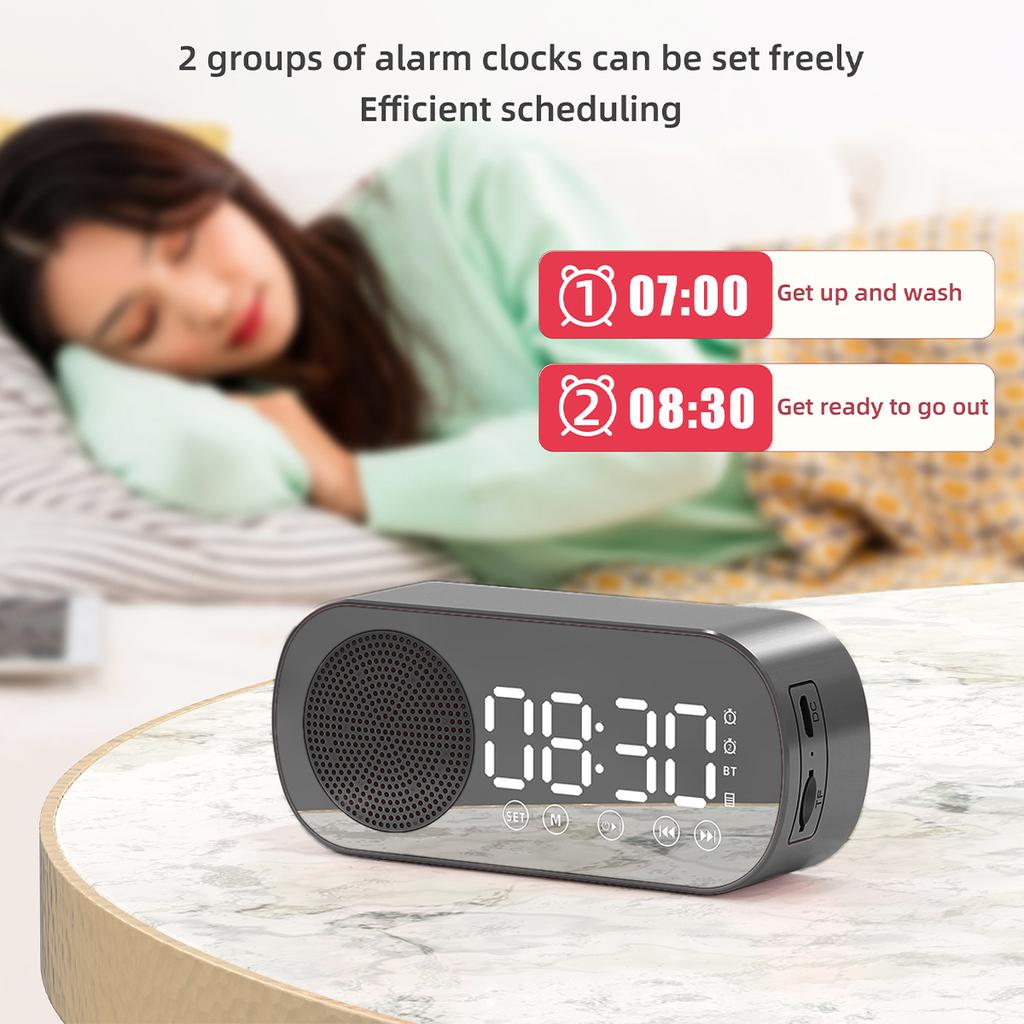 Digital Alarm Clock Wireless Bluetooth Speaker LED Display Mirror Desk Alarm Clock FM Radio Support TF Card Play Hands-Free Call