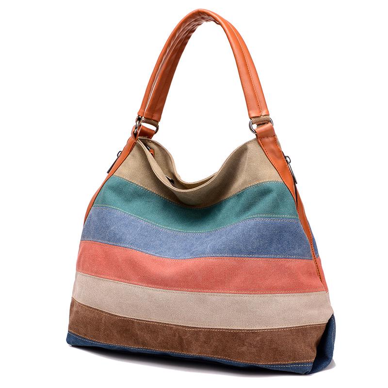 Canvas Shoulder Bag Ladies Handbag Contrast Color Bag Striped Fashion Retro Large-capacity One-shoulder Messenger Bag