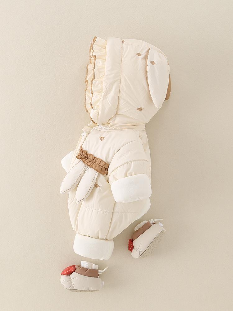 Thickened Fleece-Lined Winter Jumpsuit for Newborn Baby Girls - Cute Hooded Outfit for Outings