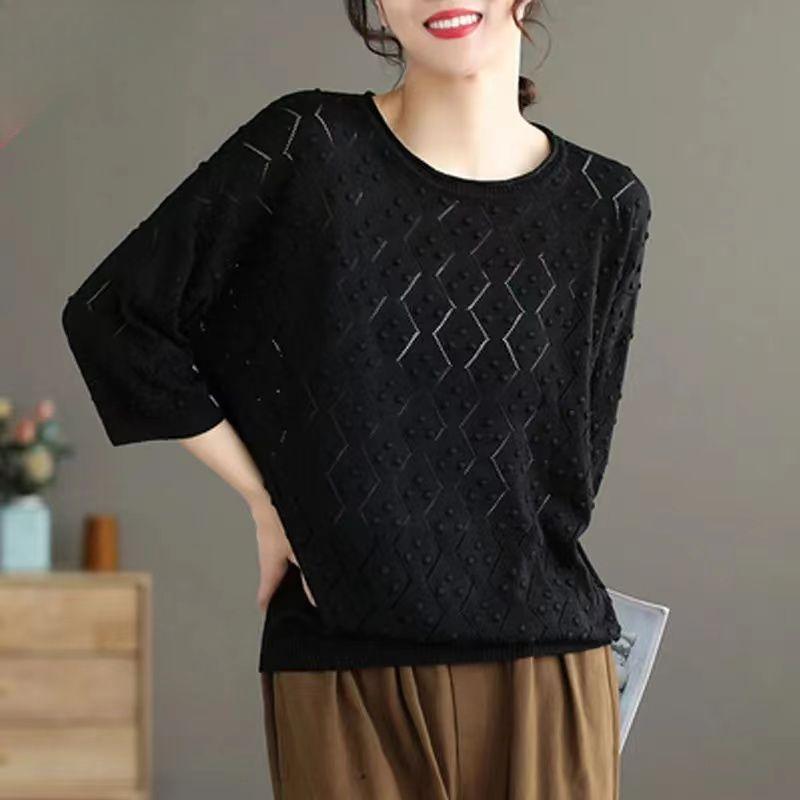 Large Size Knitted Sun Protection Shirt for Spring Summer T-shirt Omen's Artistic Retro Mid Sleeved Woolen Top