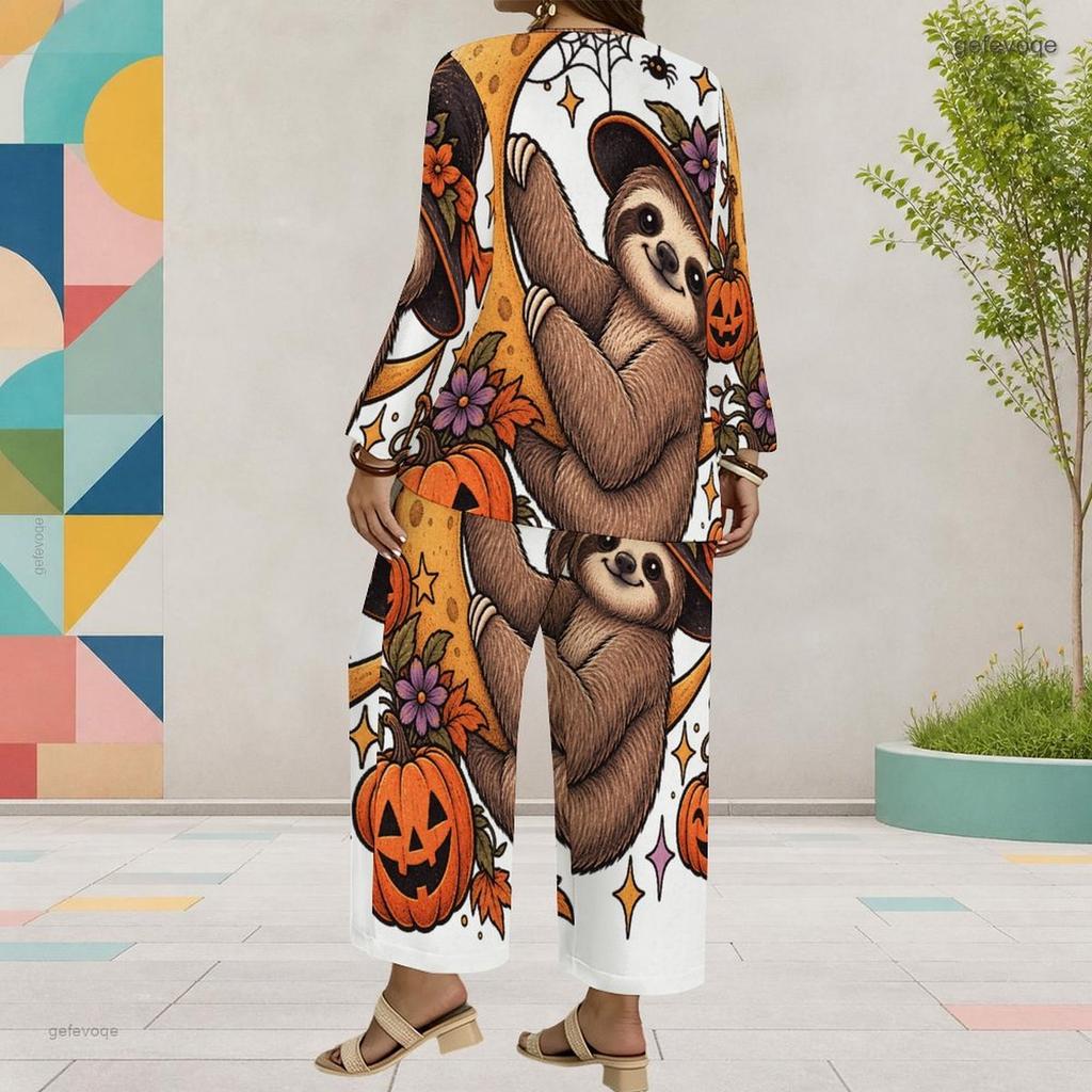 Women Plus Size Printed Round Neck Long Sleeve Layered Top Wide Leg Cropped Pants Two Piece Set