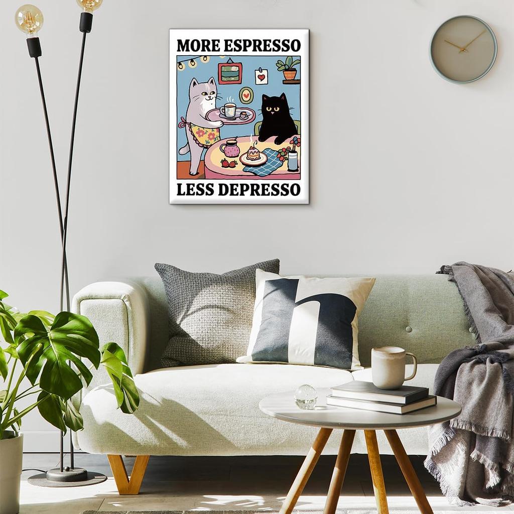 Coffee Cat Kitchen Canvas Wall Art More Espresso Less Depresso Black Cat Poster Print Wall Decor Cats Coffee Painting for Home Kitchen Dining Room