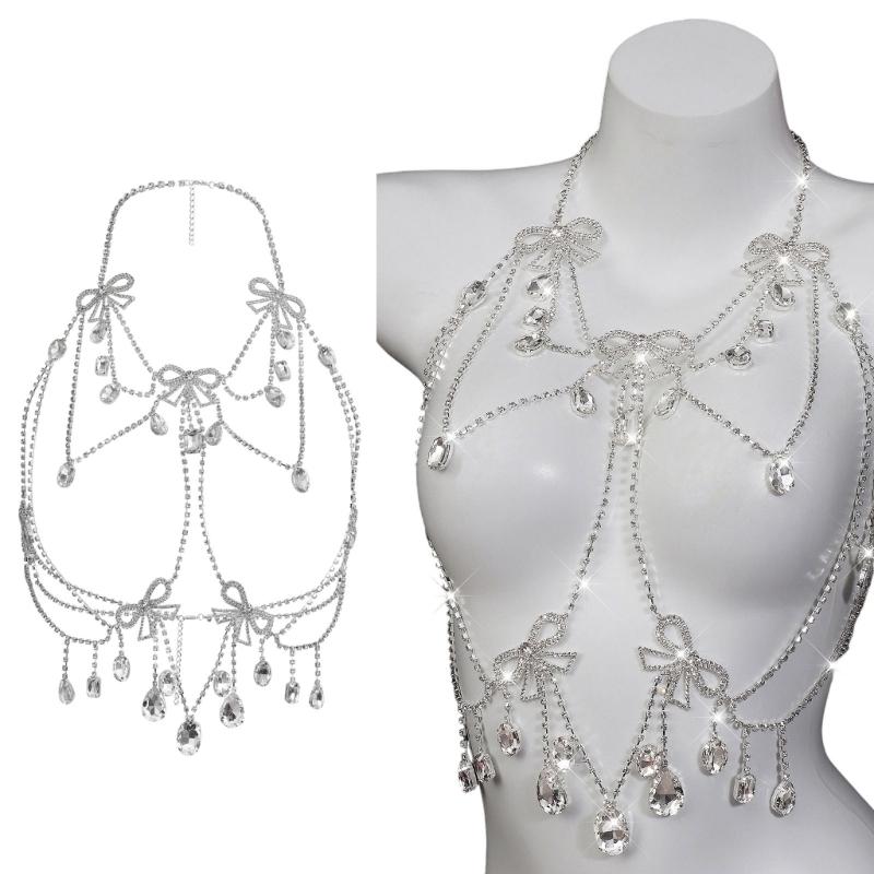 Multi Layer Rhinestones Bowknot Bikini Body Chain Chest Decoration For Women Bold Statement Jewelry Party Accessory