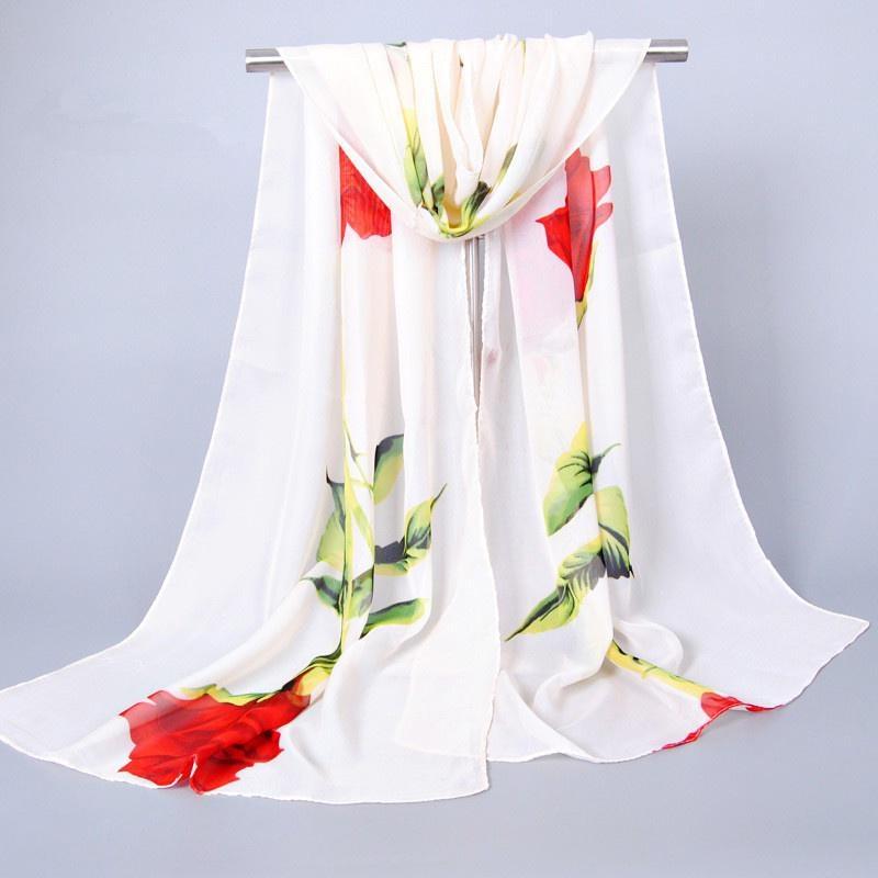 1Pc New Fashion Chiffon Silk Hijab Women's Long Soft Rose Flower Print Scarves Foulard Women Shawls