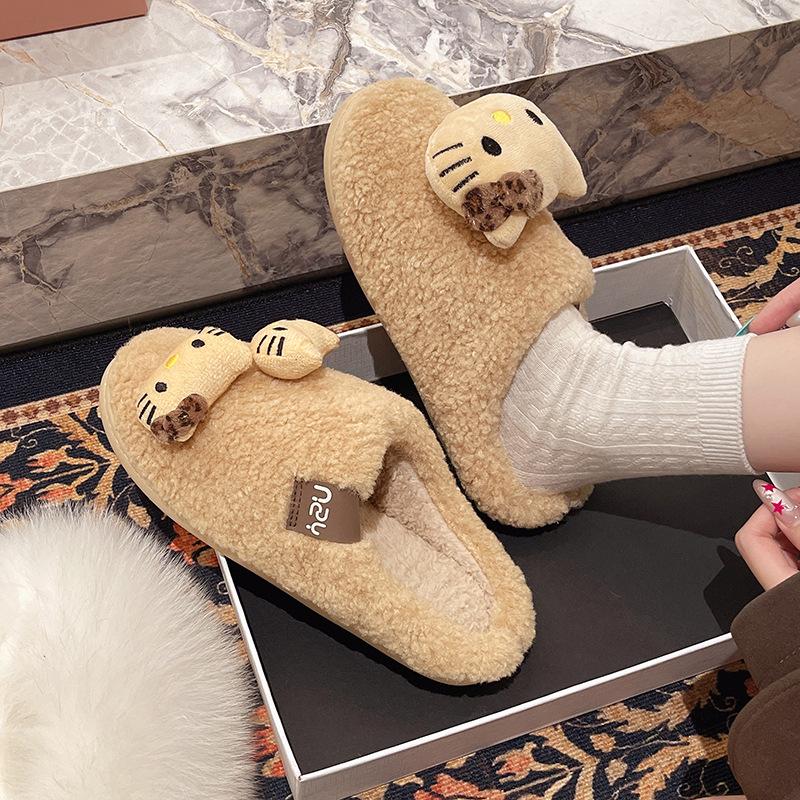 Cute kitten velvet warm fluffy drag women wear 2025 winter new casual good with thick-soled bag head slippers