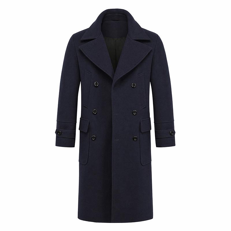 Herren Premium Wollmischung Zweireihiger Langer Peacoat