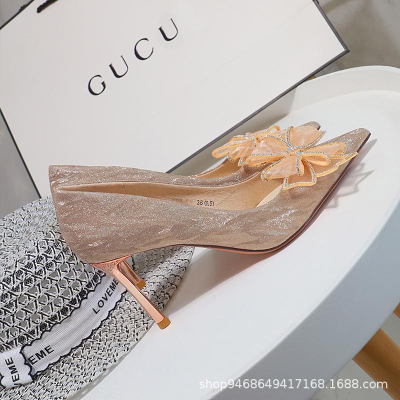 Fashion New High Heels Women's Shoes with Thin Heels 10cm Sexy Shallow Mouth Pointed Bow Crystal High Heels Wedding Banquet Bridal Shoes