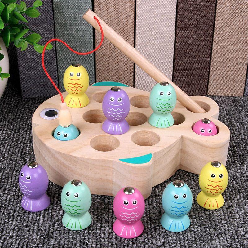 Children's Wooden Kitten Magnetic Fishing Set Toy1-2-3Year-Old Boys and Girls Educational Fishing