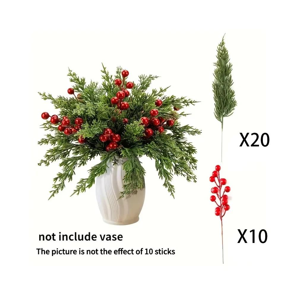 30Pcs Artificial Pine Trees Plastic Green Pine Branches for DIY Christmas Decoration Winter Tabletop Red Holly Berries Gift