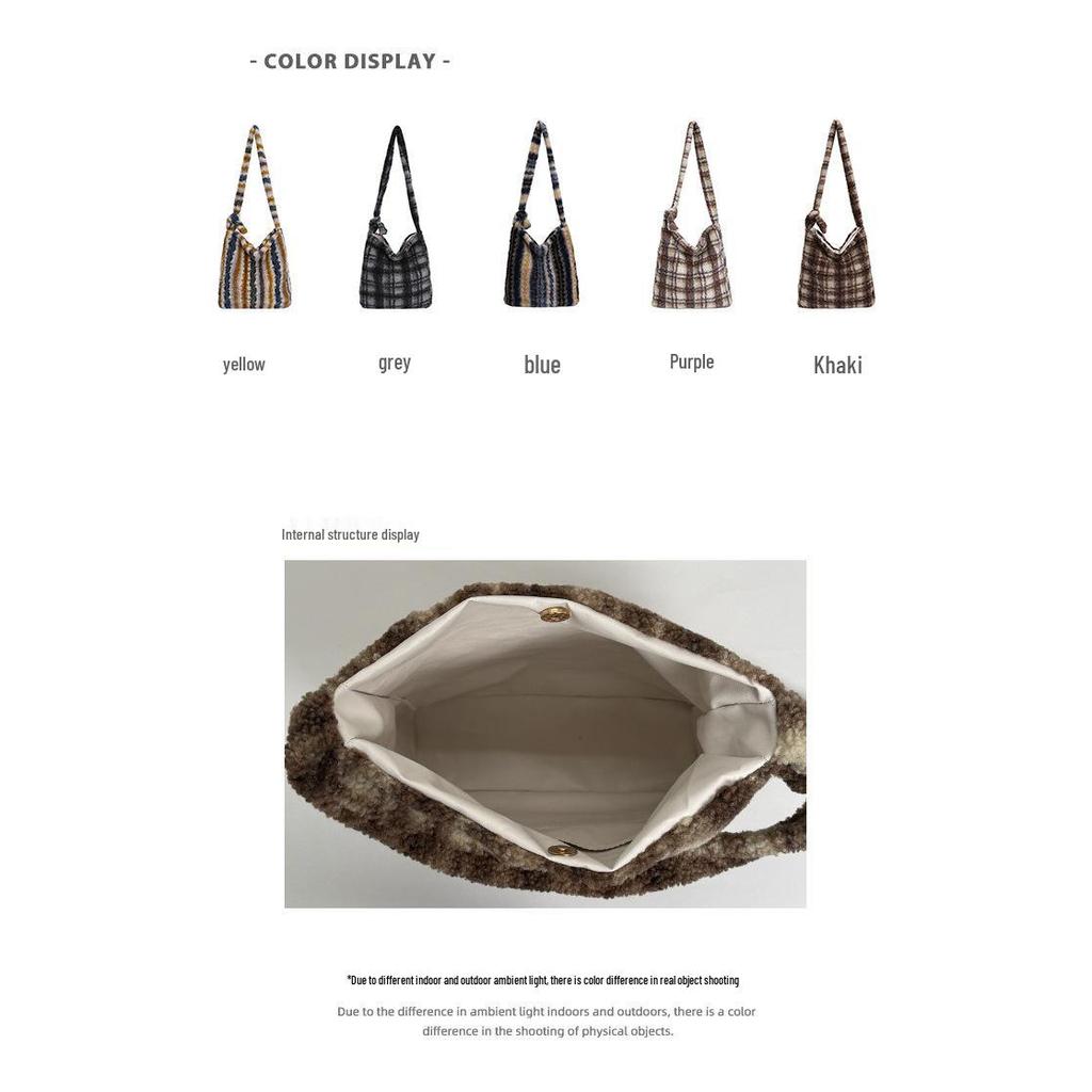 2025 Autumn/Winter Plaid Plush Shoulder Bag: Retro Large Capacity Women's Tote