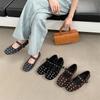 French Niche Pointed Head Shallow Mouth Low Heel Rivet Single Shoes 2025 Autumn New One-word with Flat Bottom Small Leather Shoes Look Thin