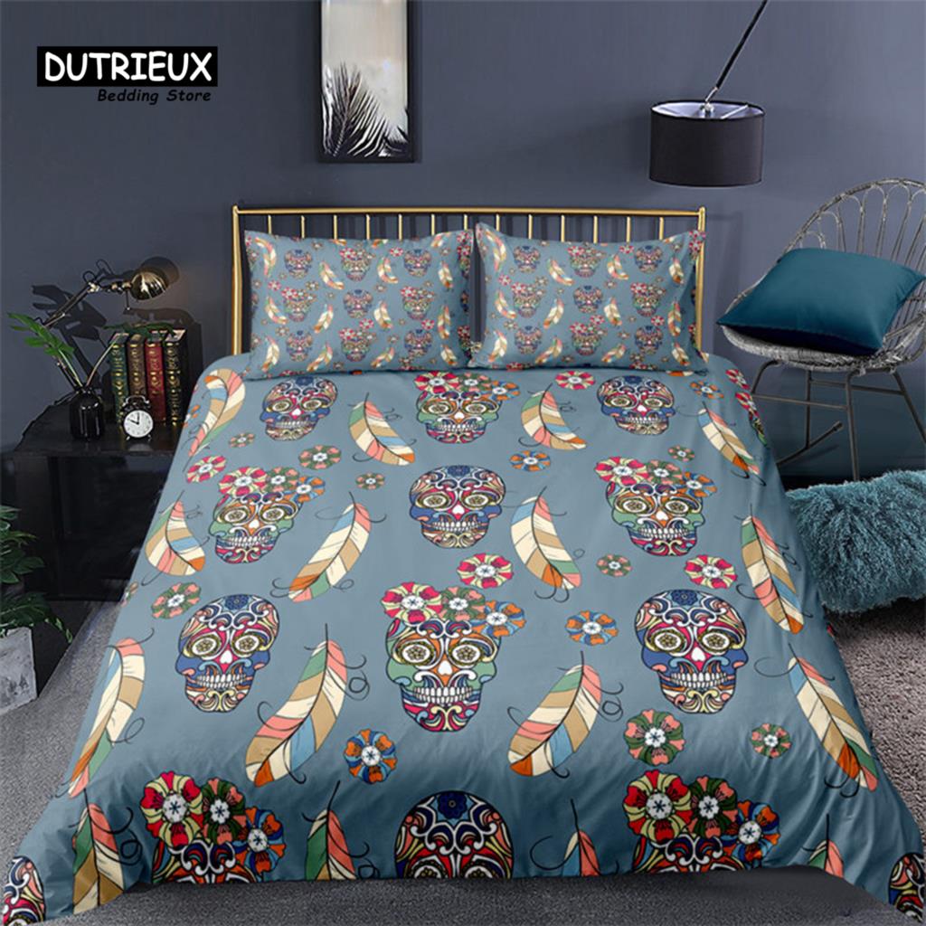 Colorful Sugar Skull Skeleton Quilt Cover Gothic Skull Bedding Set Queen Size Microfiber Horror Theme Feather Black Duvet Cover