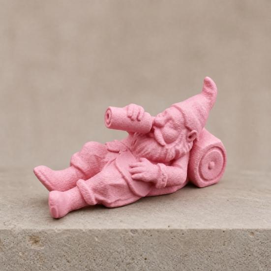 3D Printed Drunken Gnome Figurine, Lying Drinking Dwarf Statue, Matte Pink Decor Ornament with Clear Texture, Stable Base for Garden Flower Pot Desk