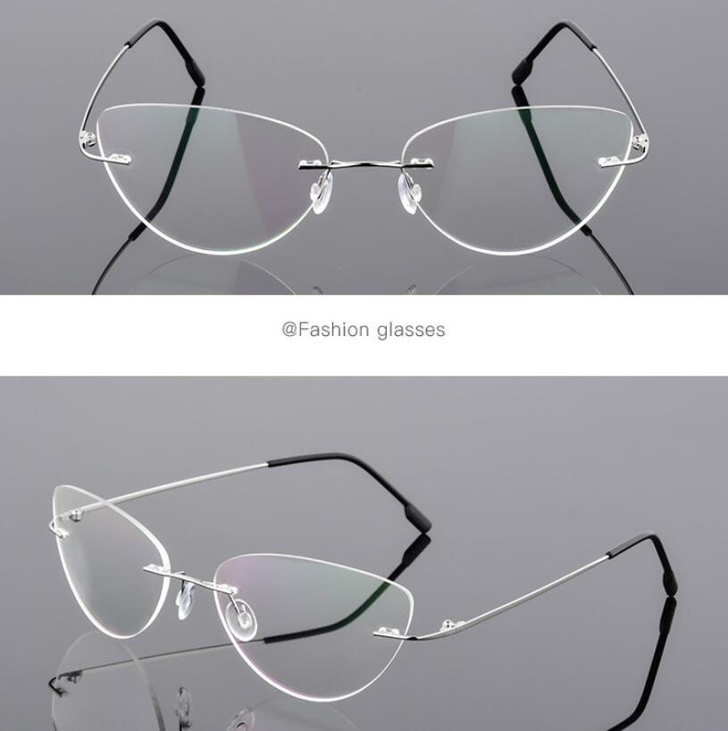 1.61 index Lens Frameless Cat Eye Myopia Eyeglasses Ultralight Rimless Blue Light Blocking Prescription Glasses -0.5 -0.75 to -6