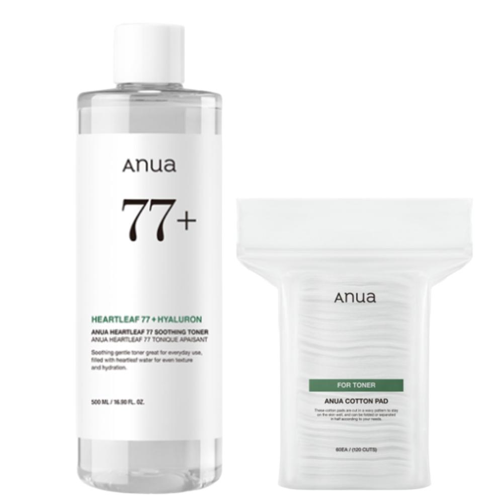 Anua Heartleaf 77 Soothing Toner 500ml + Moist Skin Pack Cotton Pads 1 Pack