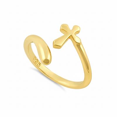 925 Sterling Silver Gold Vermeil Open Cross Adjustable Women Ring