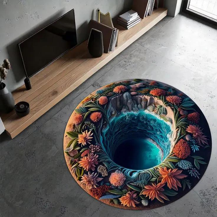3D Visual Round Carpet With Fantasy Eye Ocean Vortex Koi Pond Waterfall Deep Hole Art Designs Rug For Home Decor