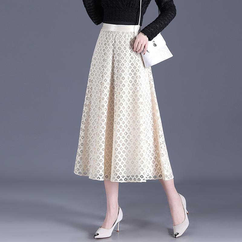 Hollow skirt women's 2025 summer new high-waisted and thin A-shaped tutu skirt lace skirt big swing medium and long skirt