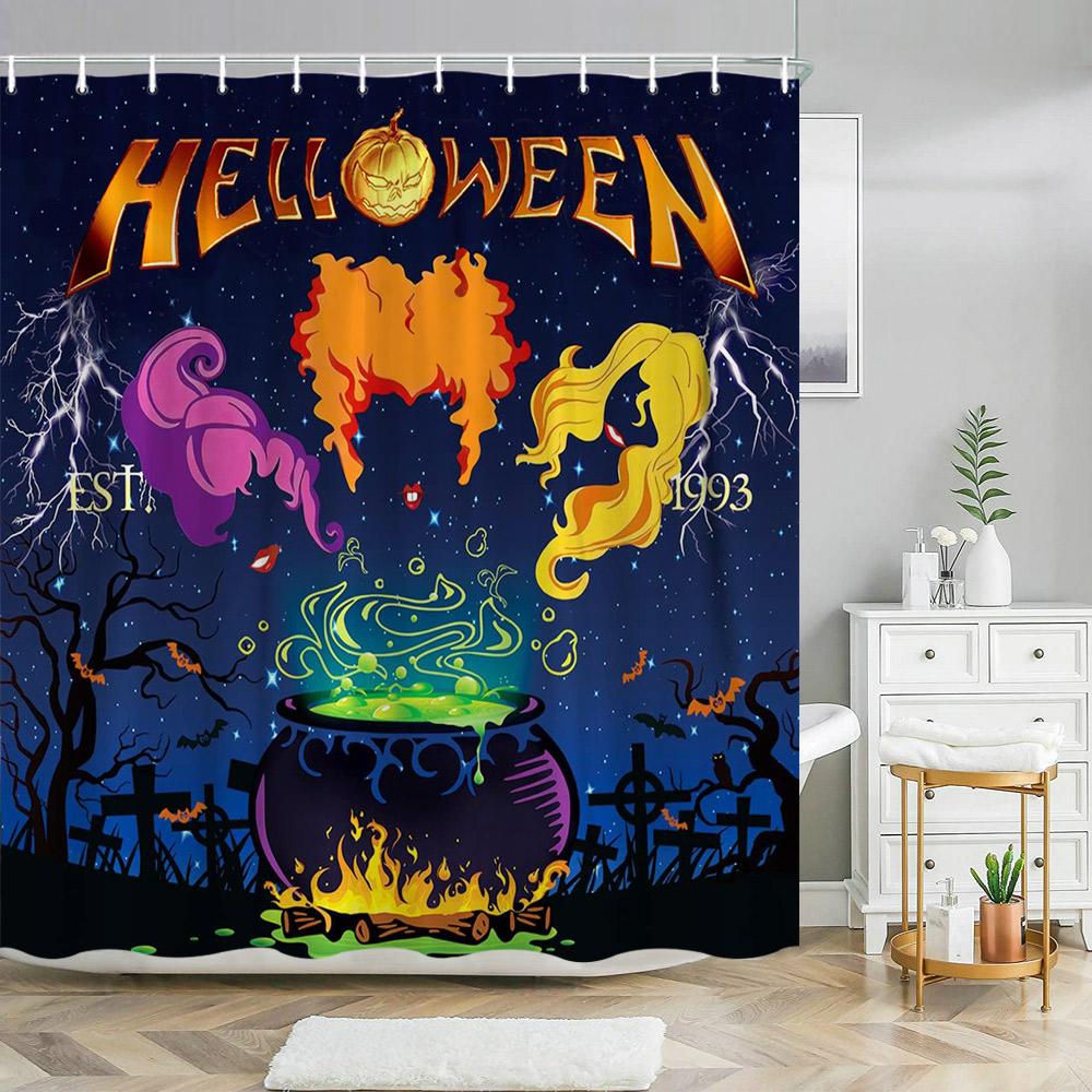 Scary Halloween Shower Curtains Black Cat Pumpkin Shower Curtain Witch Purple Bat Spider Web Cloth Shower Curtain Bathroom Decor