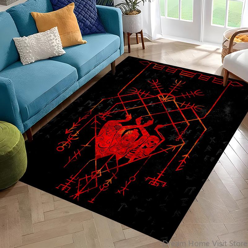Nordisches Wikingerkrieger Symbol Walhalla Valknut Rune Motto Teppich für Schlafzimmer Wohnzimmer Sofa Zuhause Fußmatte Dekor, Rutschfeste Bodenmatte