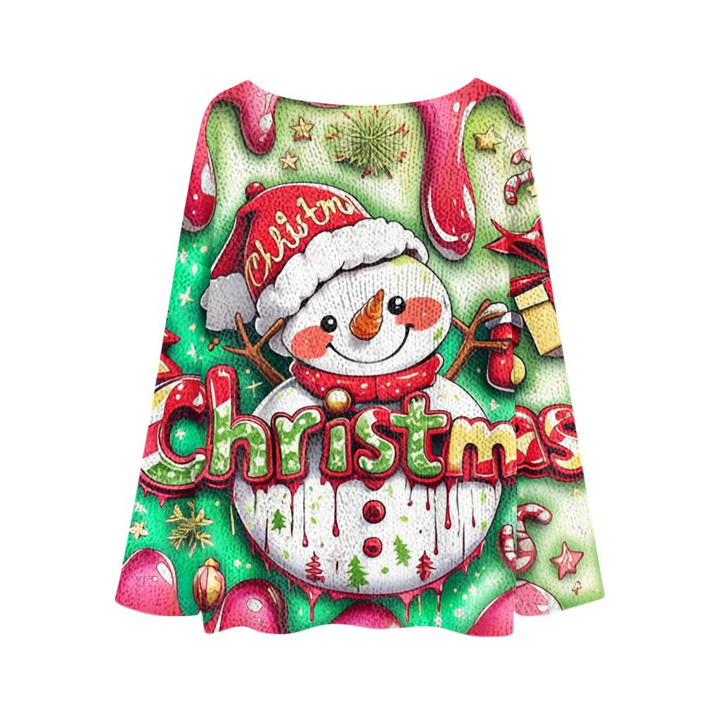 Women's Fashion Round Neck Long Sleeve Christmas Print Casual Knit Pullover Top
