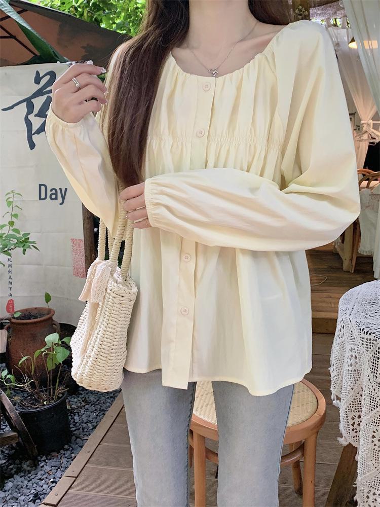 

Autumn Women s French Long Sleeve Round Neck Shirt - Slim Waist Design with Sun Protection 3XL абрикосовий