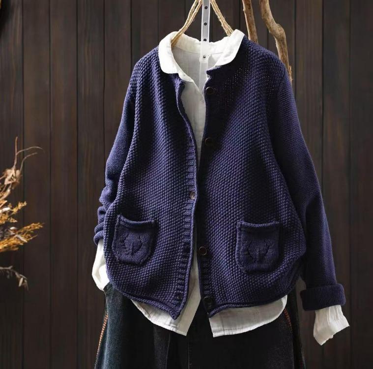 Vintage Knitted Sweater Women Autumn Casual Solid Color Button Patchwork Pockets