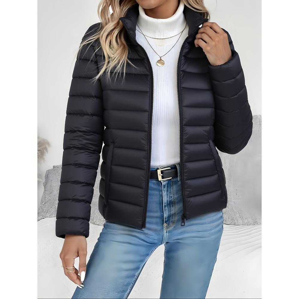 (Order A Size Up)Women Spring Slim‑Fit Lightweight Padded Jacket Stand Collar Zipper Long Sleeve Solid Color Elegant Versatile Cropped Coat ()
