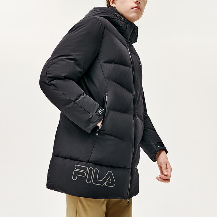 Fila Fleece Letter Hooded Mid-Length Down Jacket Men Outerwear Black F11M147902F-BK