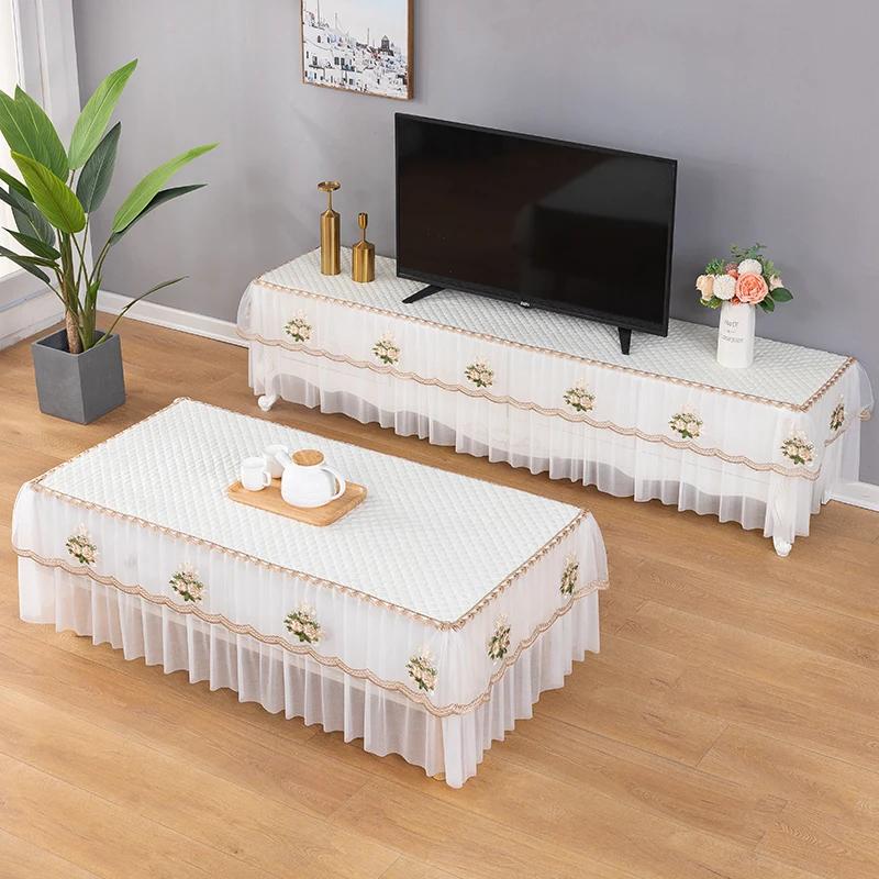Bawełniany Biały Prostokątny Obrus Koronkowy Stolik Kawowy Ochrona przed Kurzem z Haftem Szafka TV Dwuwarstwowy Wszechstronny Obrus