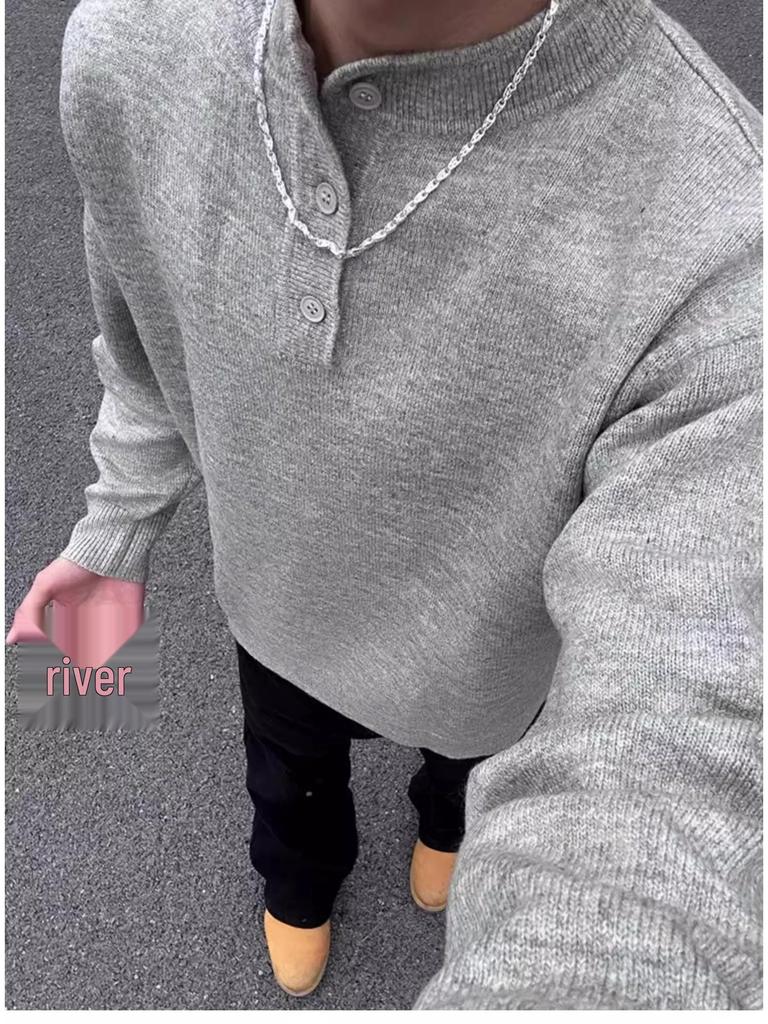 Men's High-End Retro Henley Collar Long Sleeve Knit Sweater for Autumn and Winter