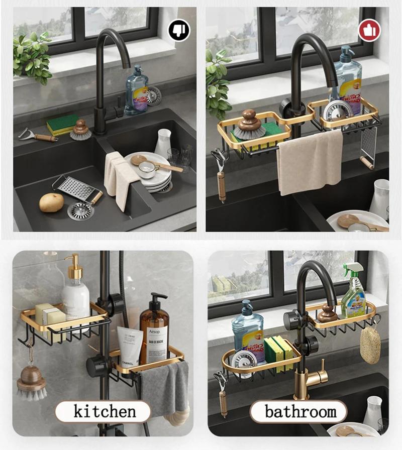 Kitchen Faucet Storage Rack, Sponge Soap Drainage Storage Rack, Hanging Sink Storage Rack with Towel Bar