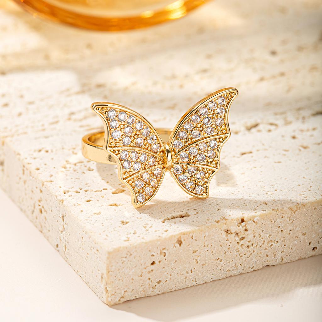 Gold Plated Butterfly Ring For Women Full Paved Zircon Crystal Animal Open Rings Trendy Party Jewelry Gift