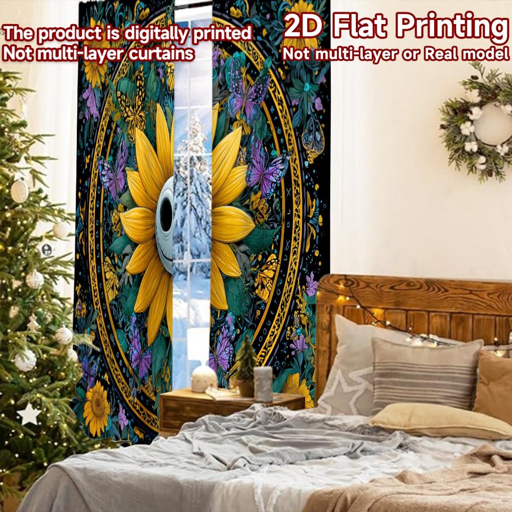2pcs, 2D FLAT PRINTING Curtains (Without Rod) Moonlit Bloom Festive Fashion Curtains Versatile Durable Polyester Curtains All