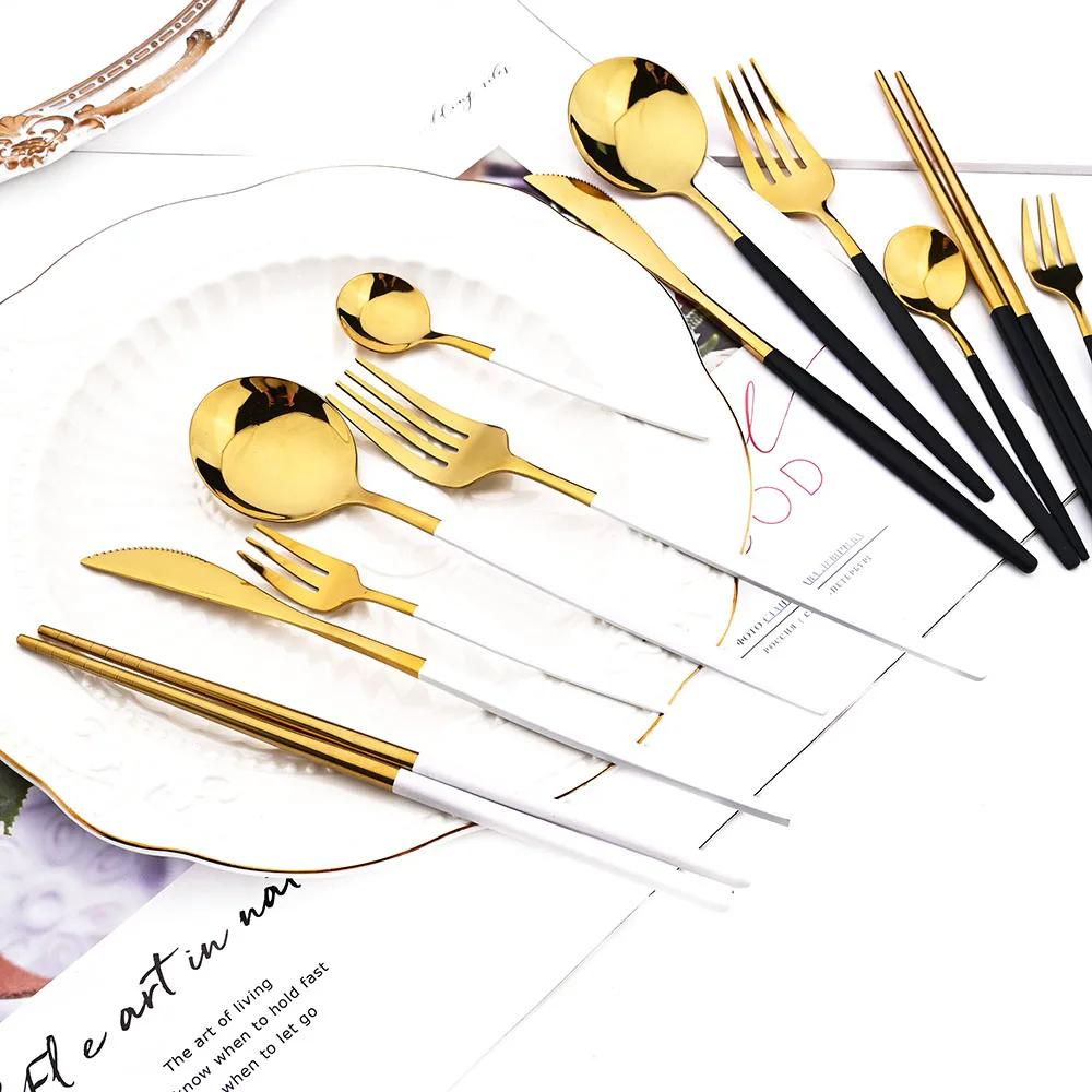 24Pcs Gold Tableware Set Stainless Steel Flatware Dinner Knife Forks Spoon Chopsticks Cutlery Set Kitchen Wedding Dinnerware Set