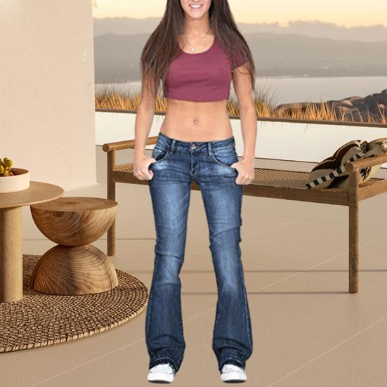 Jeans De Mujer Bolsillos De Cintura Media Cierre De Botón Con Cremallera Elástico Color Degradado Dobladillo Acampanado Retro Slim Fit Colorfast Pantalones Largos De Mujer De Cuerpo Entero