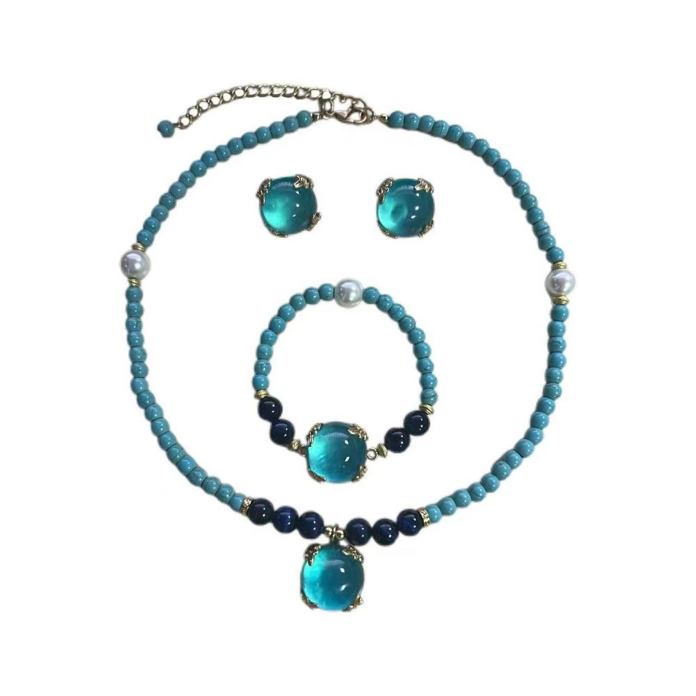 European and American Retro Court Style Natural Turquoise Necklace Bracelet Stud Earrings Niche High-end Versatile Round Glazed Suit