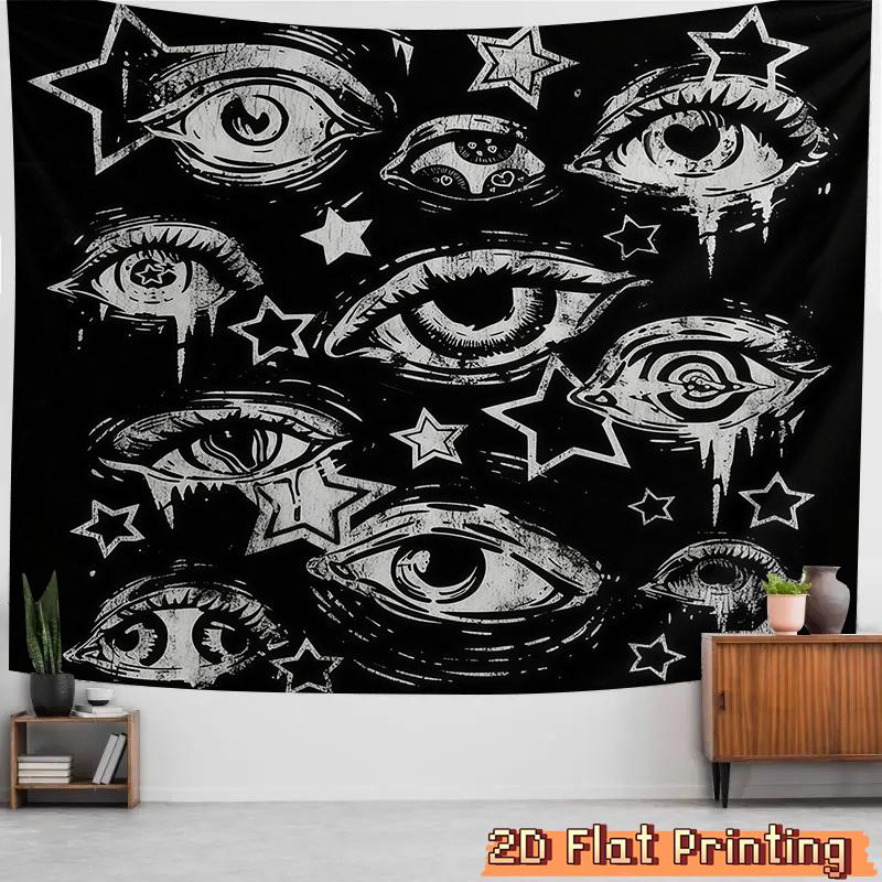 2D Flat Black White Abstract Tapestry Eyes and Stars Pattern Wall Hanging for Bedroom Living Room Decor 74x94cm(29x37in)