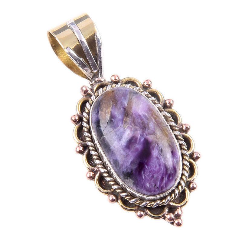 Natural Charoite Gemstone 925 Solid Sterling Silver Two Tone Pendant 1.50" M3w35