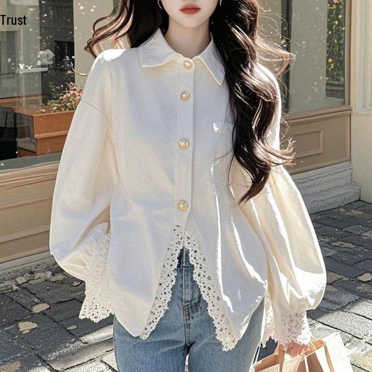 2025 Women s White Lace Spliced Shirt: Stylish, Age-Reducing Spring Top 4XL белый