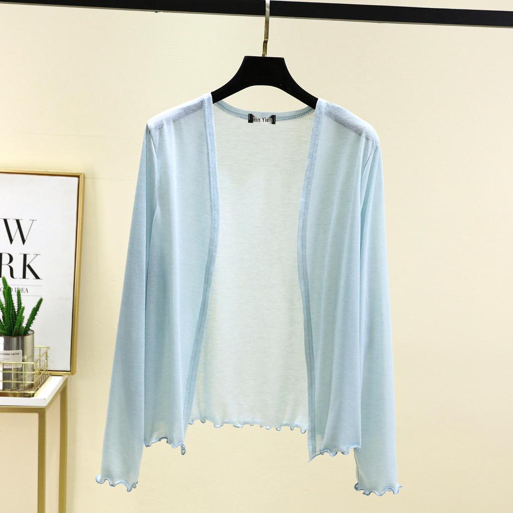Dámský lehký kardiganový šál s dlouhým rukávem na jaro/léto 2025 - Slim pletená klimatizační bunda