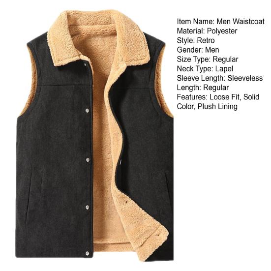 Men Winter Waistcoat Velvet Lining Corduroy Vest Coat Lapel Sleeveless Single-Breasted Thickened Vest with Pockets